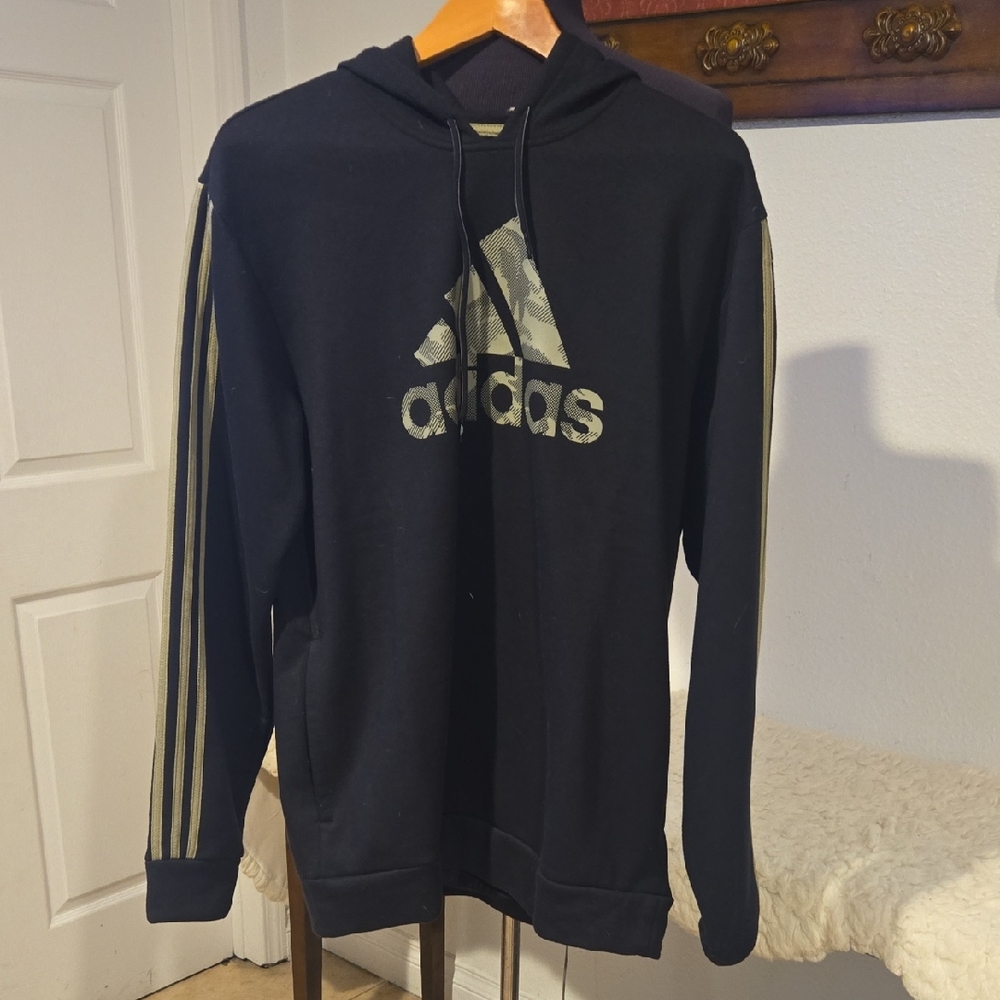 Adidas Black Hoodie with Metallic Gold Stripes